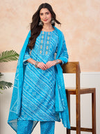 VASVI Cotton Printed Embroidered Yoke Straight Kurta Pant with Dupatta, Sky Blue