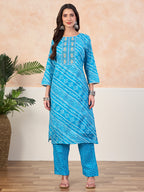 VASVI Cotton Printed Embroidered Yoke Straight Kurta Pant with Dupatta, Sky Blue
