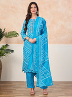 VASVI Cotton Printed Embroidered Yoke Straight Kurta Pant with Dupatta, Sky Blue