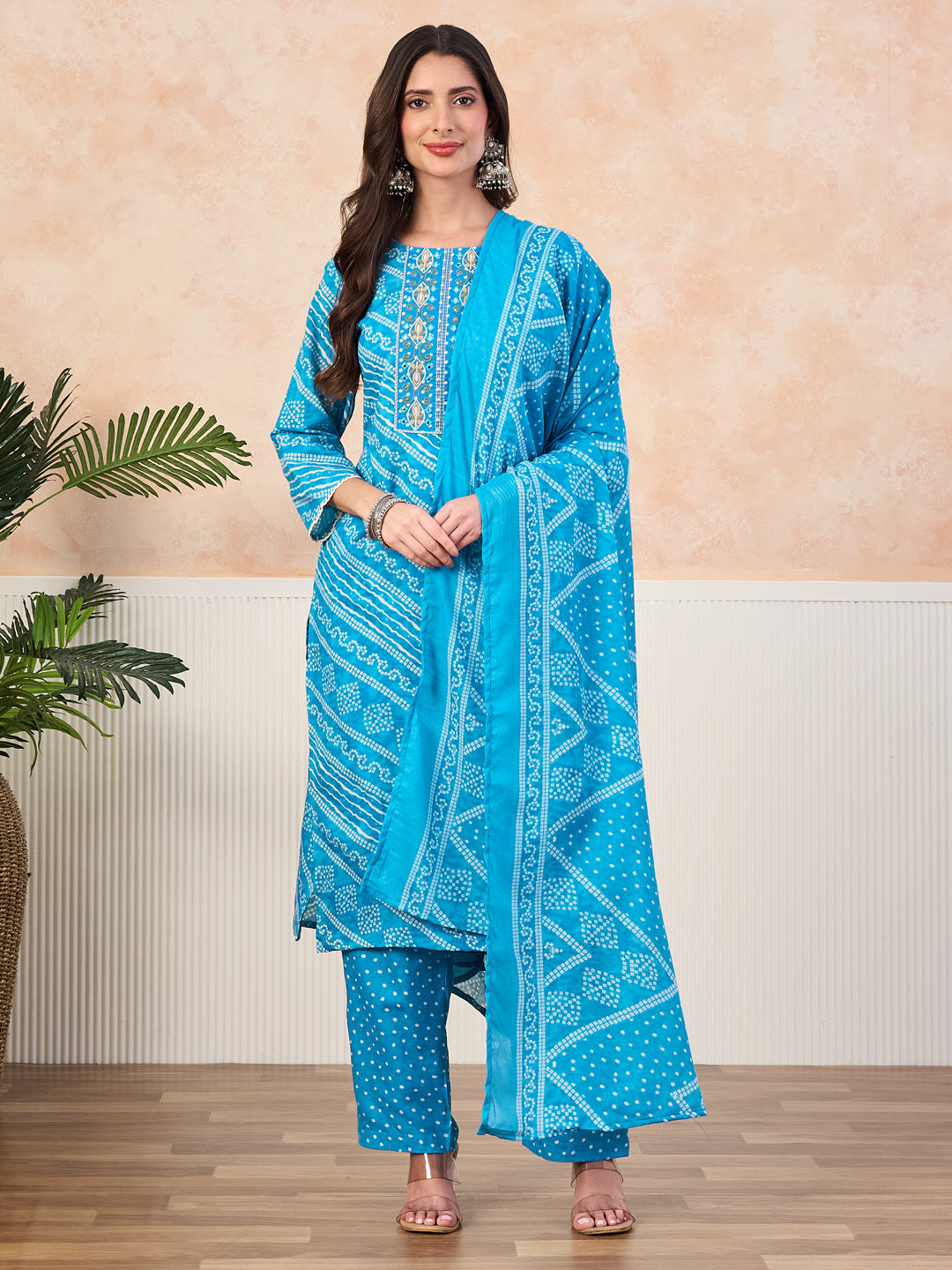 VASVI Cotton Printed Embroidered Yoke Straight Kurta Pant with Dupatta, Sky Blue