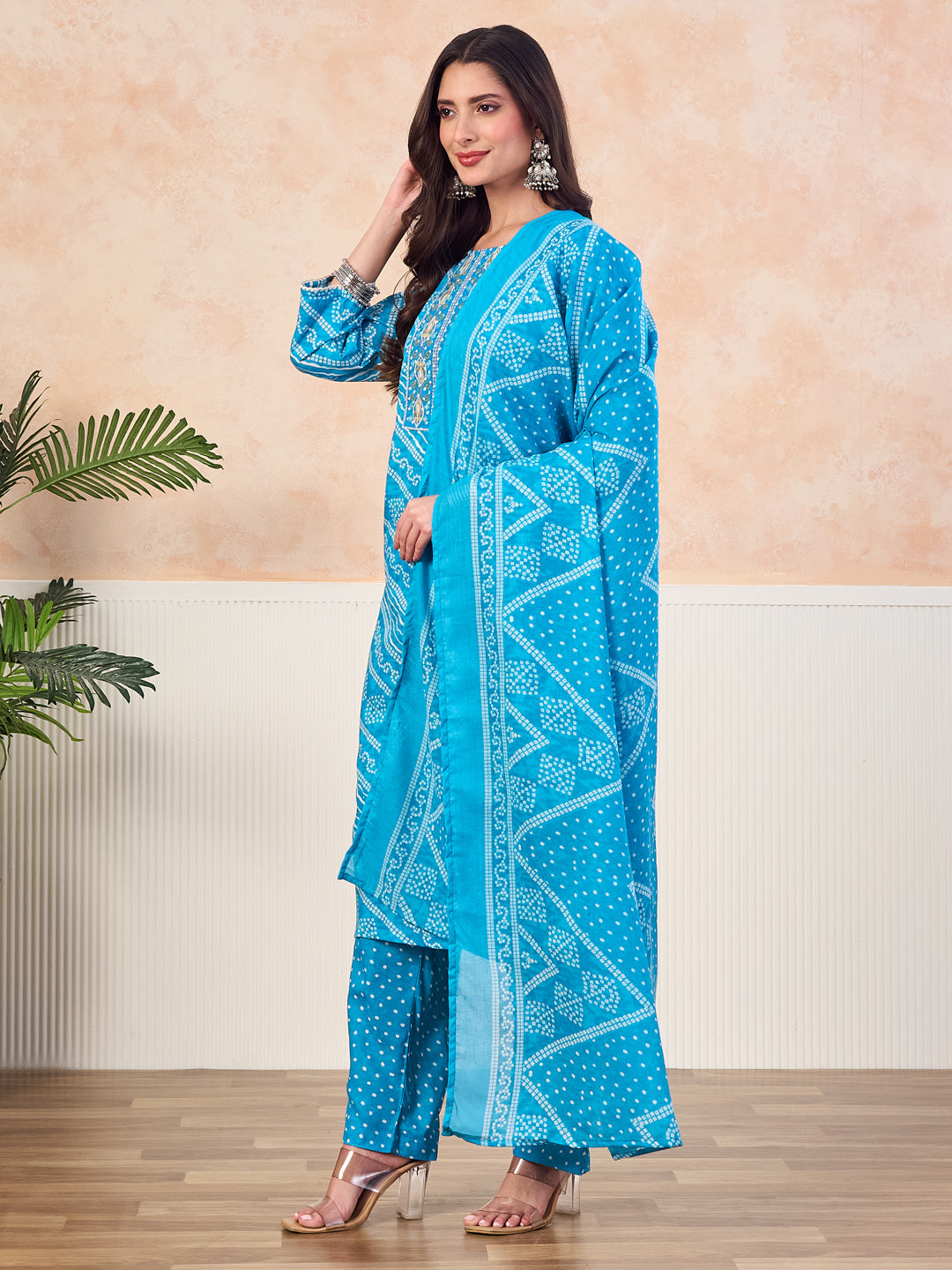 VASVI Cotton Printed Embroidered Yoke Straight Kurta Pant with Dupatta, Sky Blue