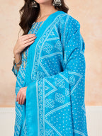 VASVI Cotton Printed Embroidered Yoke Straight Kurta Pant with Dupatta, Sky Blue