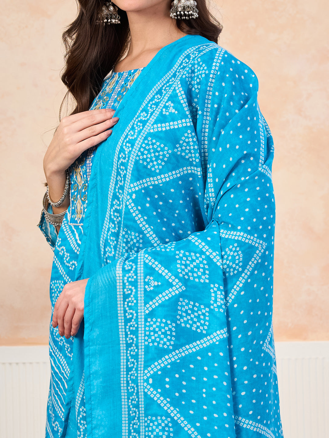 VASVI Cotton Printed Embroidered Yoke Straight Kurta Pant with Dupatta, Sky Blue