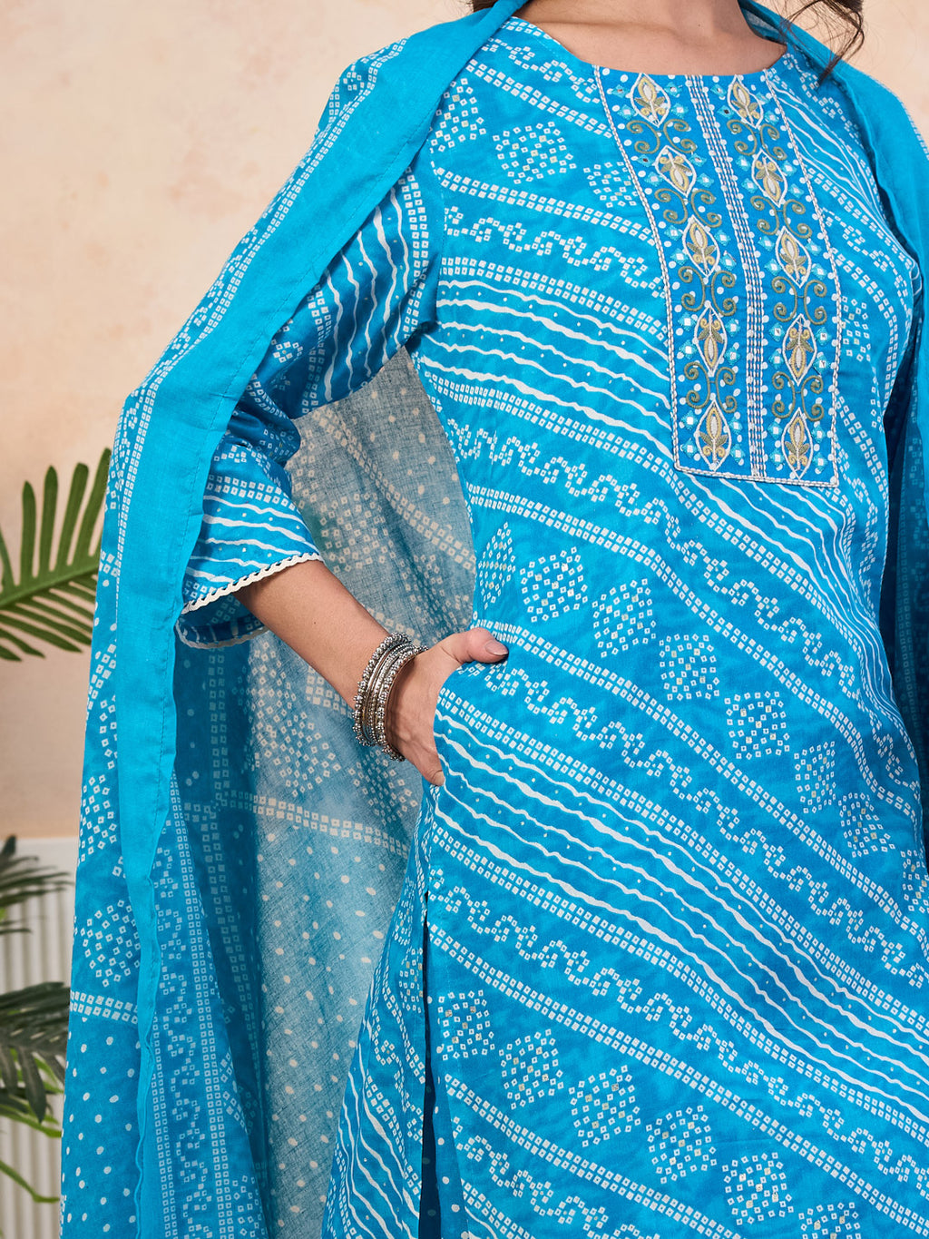 VASVI Cotton Printed Embroidered Yoke Straight Kurta Pant with Dupatta, Sky Blue