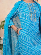 VASVI Cotton Printed Embroidered Yoke Straight Kurta Pant with Dupatta, Sky Blue
