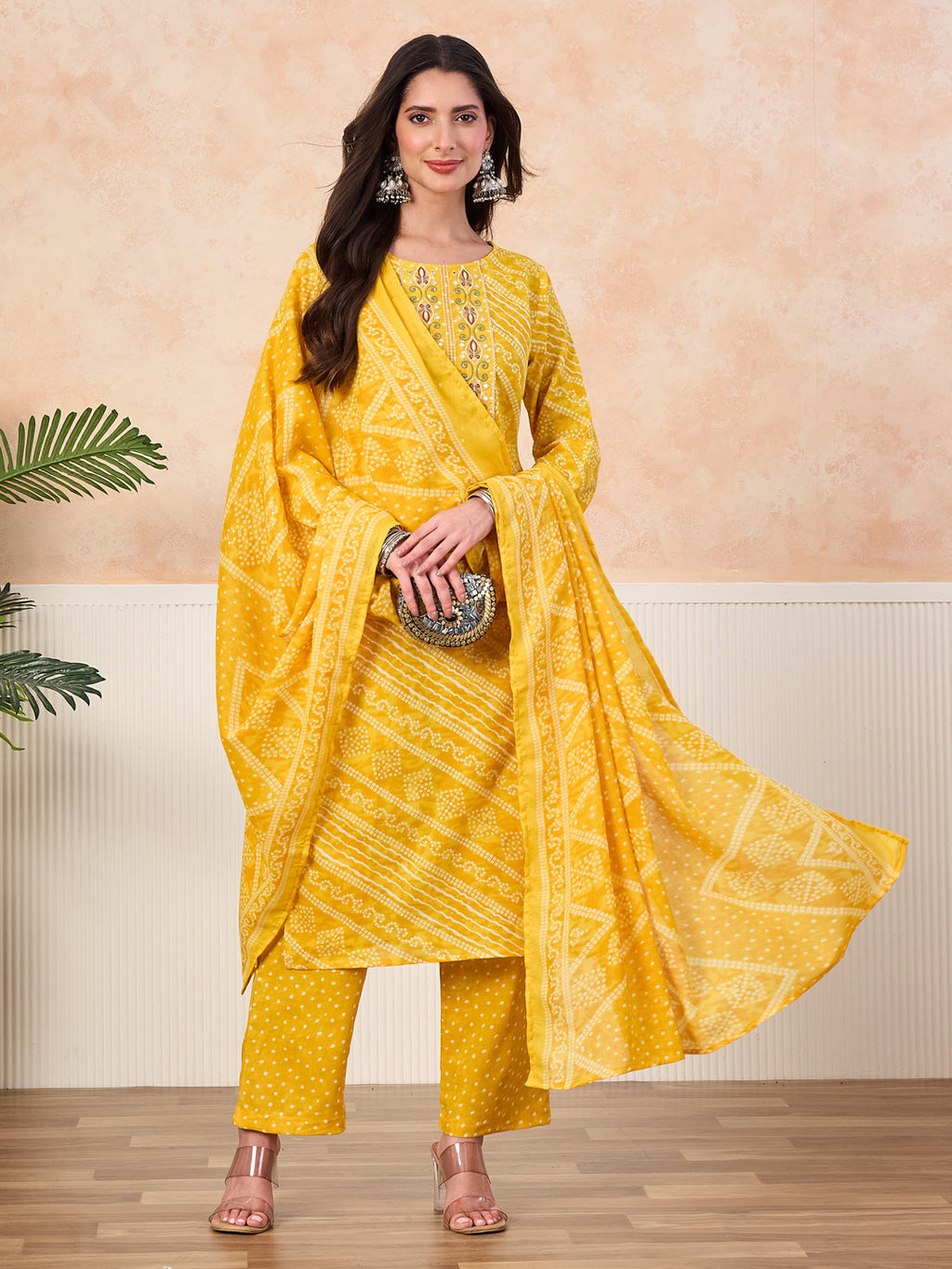 VASVI Cotton Printed Embroidered Yoke Straight Kurta Pant with Dupatta, Yellow