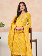 VASVI Cotton Printed Embroidered Yoke Straight Kurta Pant with Dupatta, Yellow