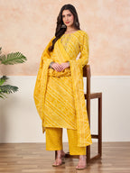 VASVI Cotton Printed Embroidered Yoke Straight Kurta Pant with Dupatta, Yellow