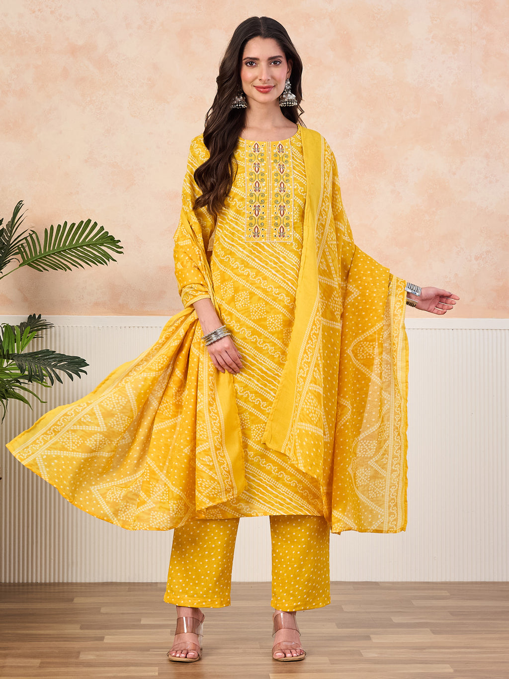 VASVI Cotton Printed Embroidered Yoke Straight Kurta Pant with Dupatta, Yellow