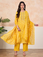 VASVI Cotton Printed Embroidered Yoke Straight Kurta Pant with Dupatta, Yellow