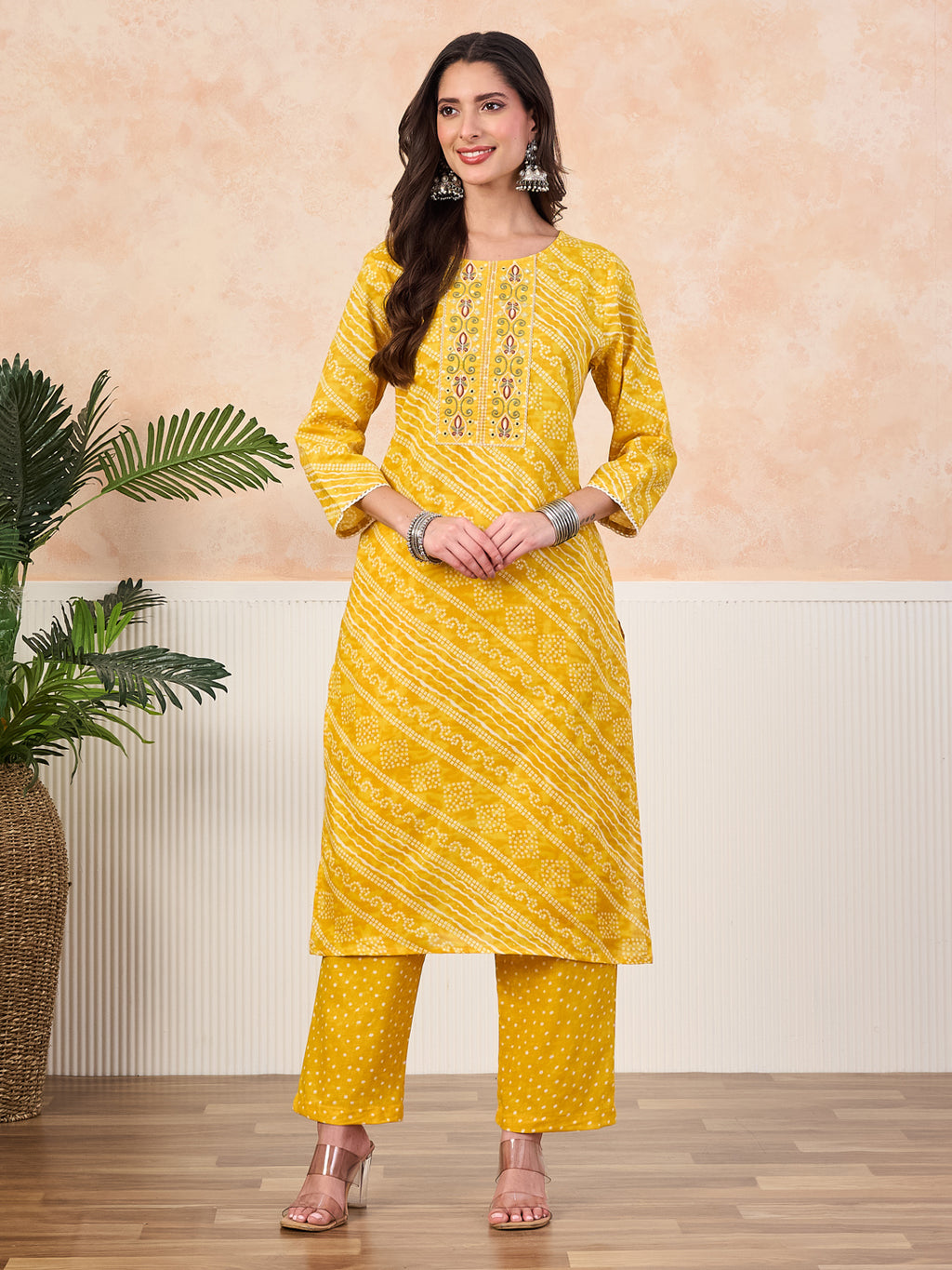 VASVI Cotton Printed Embroidered Yoke Straight Kurta Pant with Dupatta, Yellow