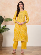 VASVI Cotton Printed Embroidered Yoke Straight Kurta Pant with Dupatta, Yellow