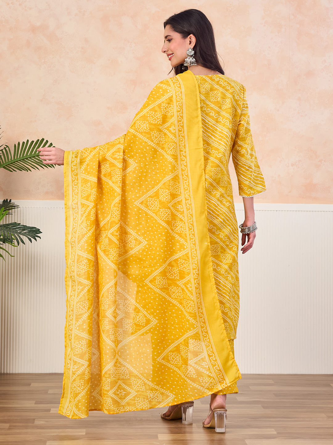 VASVI Cotton Printed Embroidered Yoke Straight Kurta Pant with Dupatta, Yellow