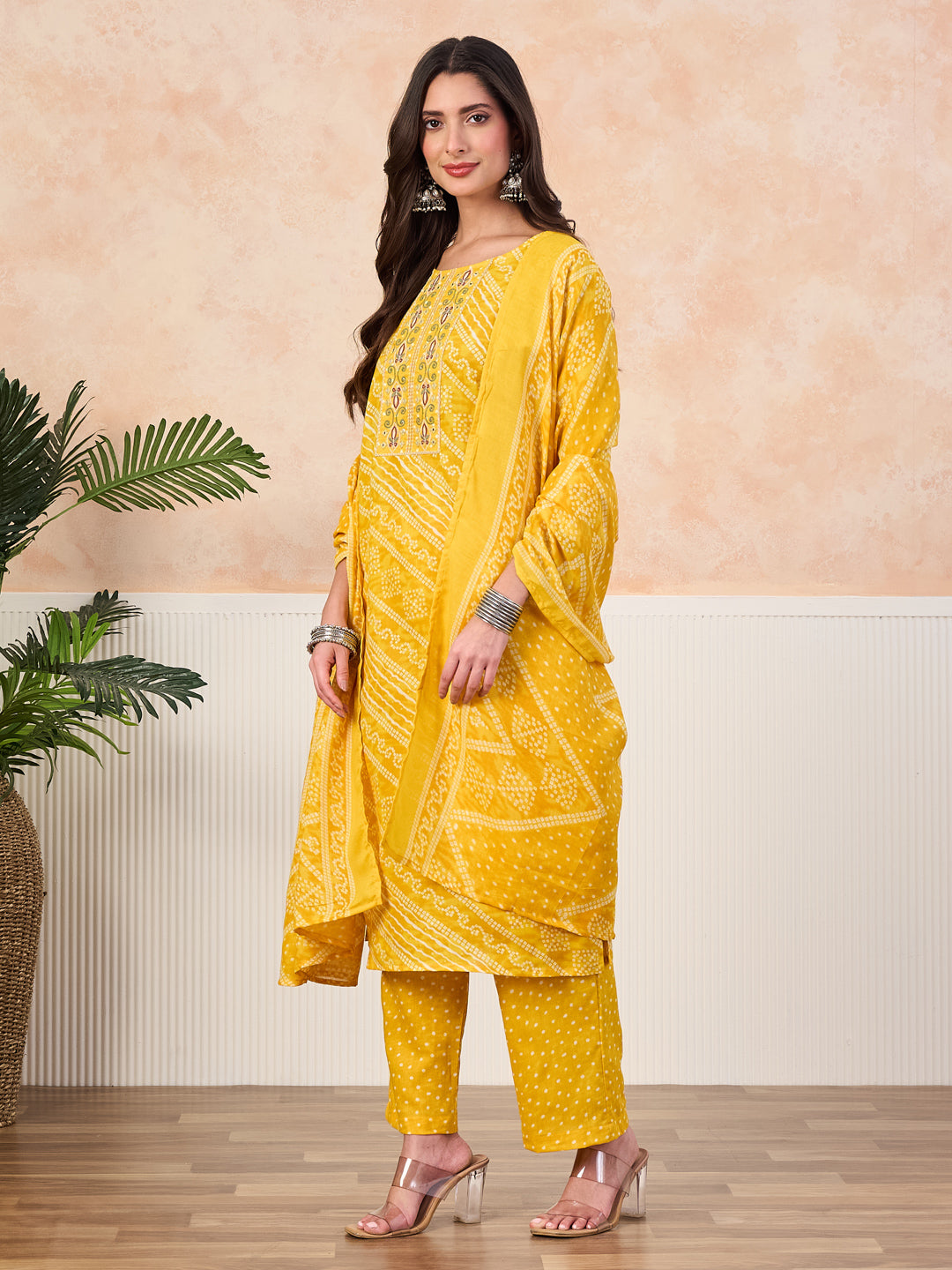 VASVI Cotton Printed Embroidered Yoke Straight Kurta Pant with Dupatta, Yellow