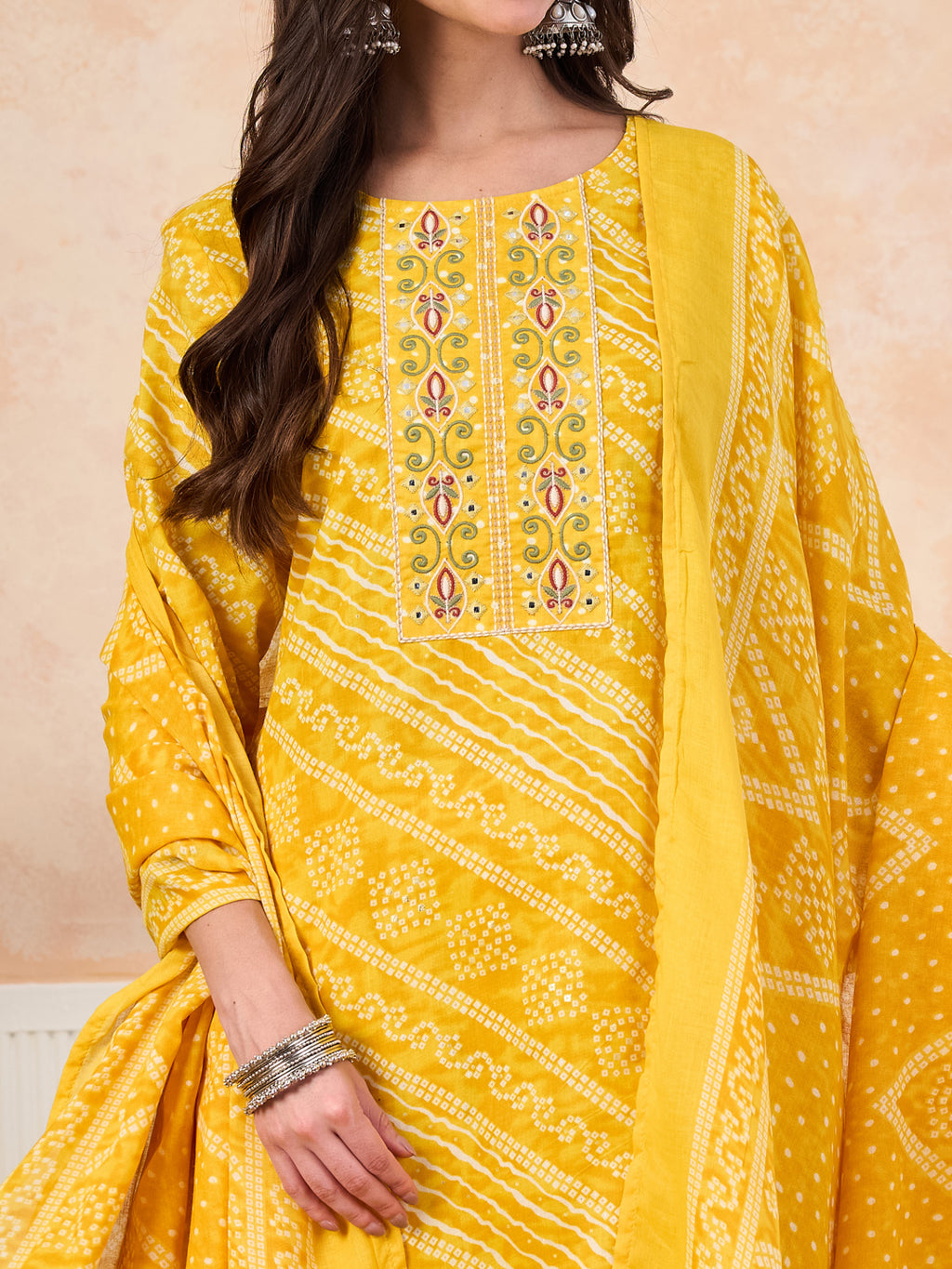 VASVI Cotton Printed Embroidered Yoke Straight Kurta Pant with Dupatta, Yellow