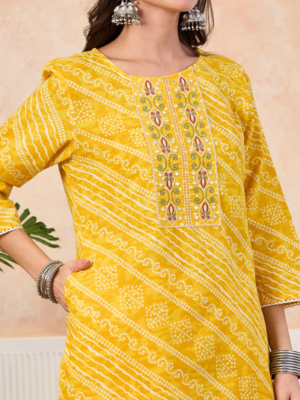 VASVI Cotton Printed Embroidered Yoke Straight Kurta Pant with Dupatta, Yellow