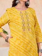 VASVI Cotton Printed Embroidered Yoke Straight Kurta Pant with Dupatta, Yellow