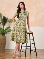 VASVI Cotton Printed Midi Dress, Green