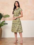 VASVI Cotton Printed Midi Dress, Green