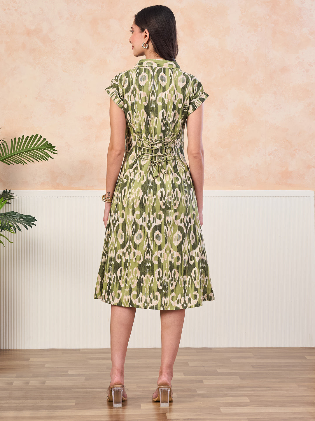 VASVI Cotton Printed Midi Dress, Green