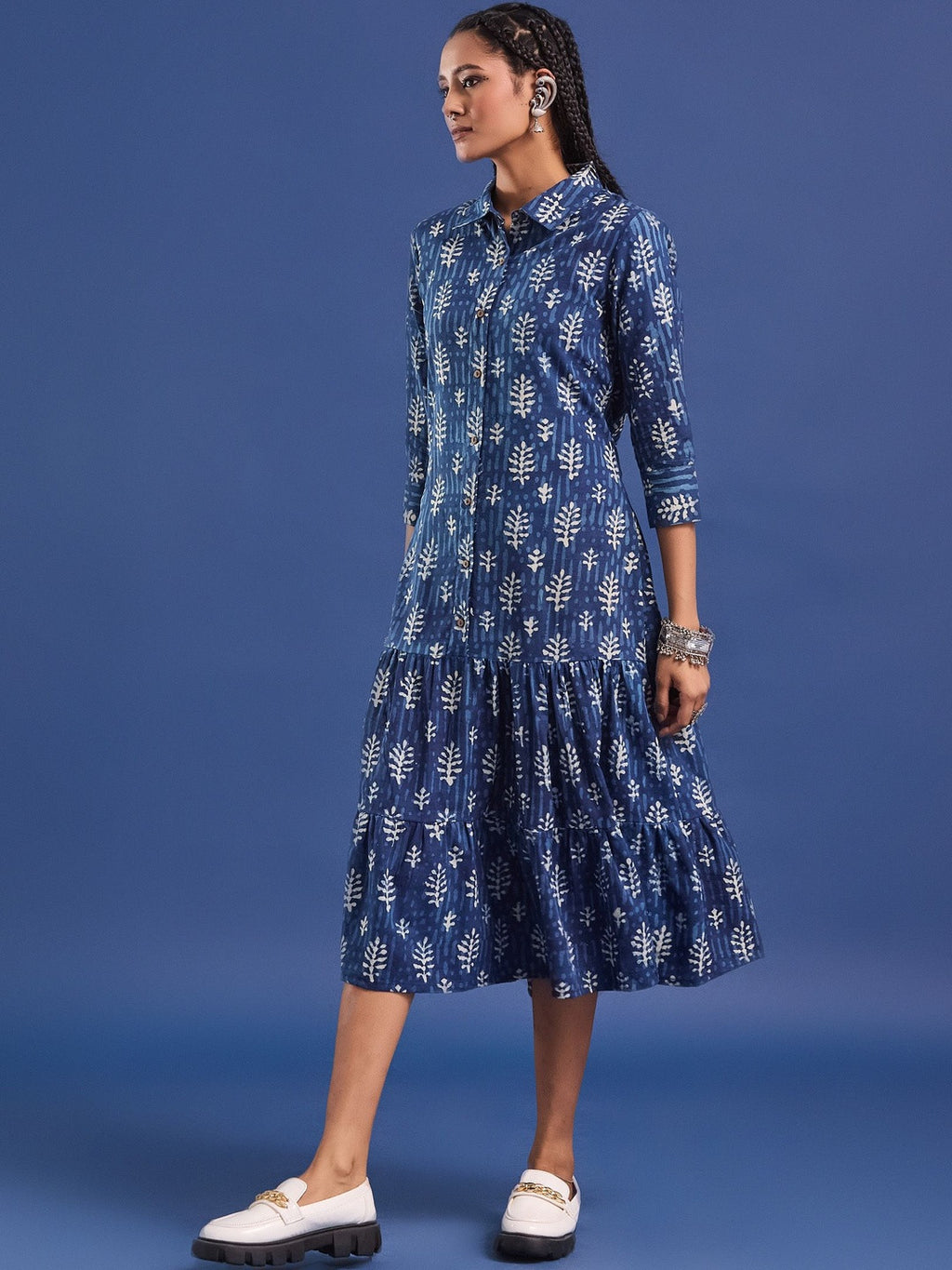 VASVI Women Indigo Printed Pure Cotton Fit & Flared Dress
