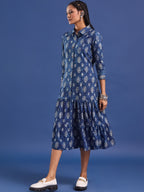 VASVI Women Indigo Printed Pure Cotton Fit & Flared Dress