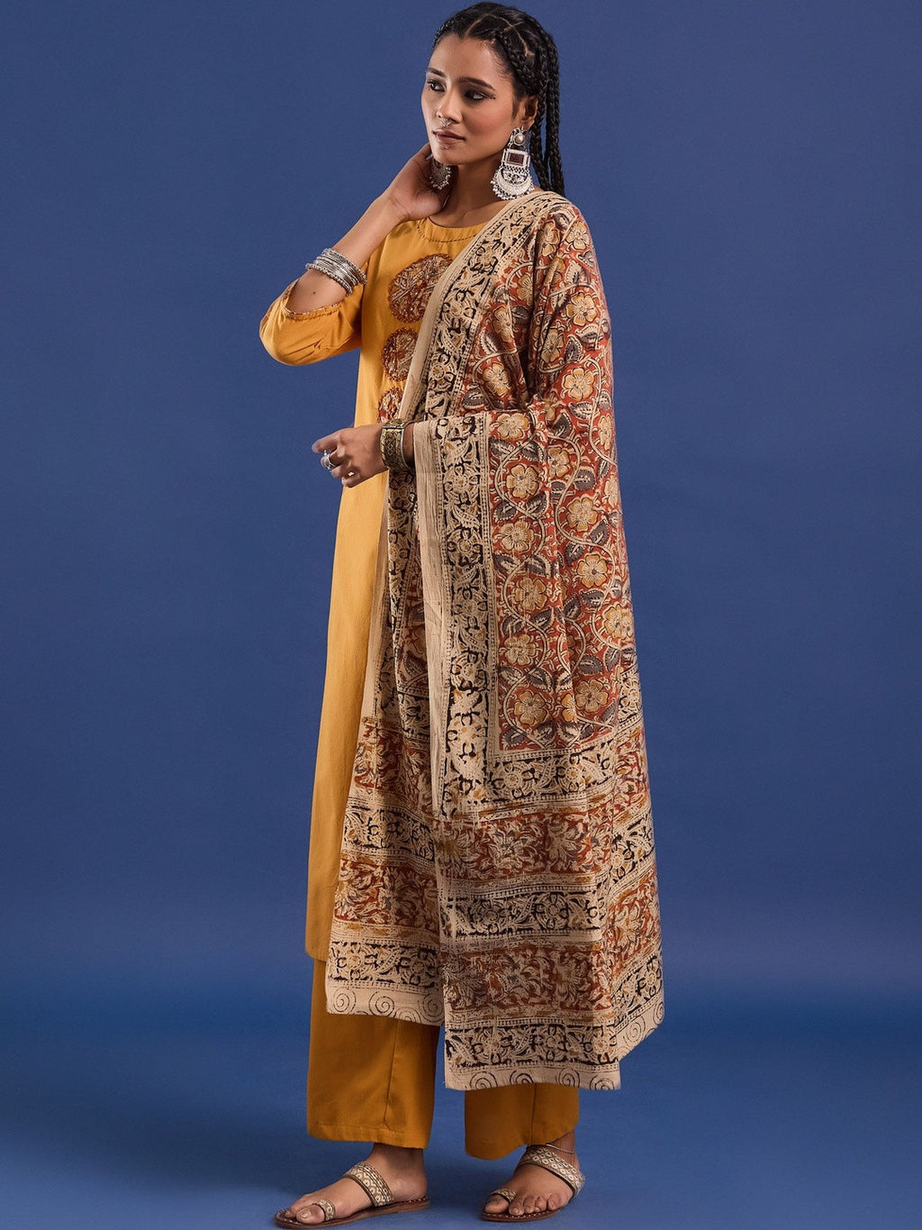 VASVI Hand Block Printed Cotton Straight Kurta & Trousers With Dupatta