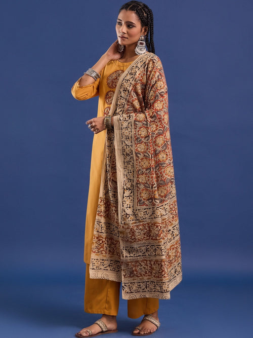 VASVI Hand Block Printed Cotton Straight Kurta & Trousers With Dupatta