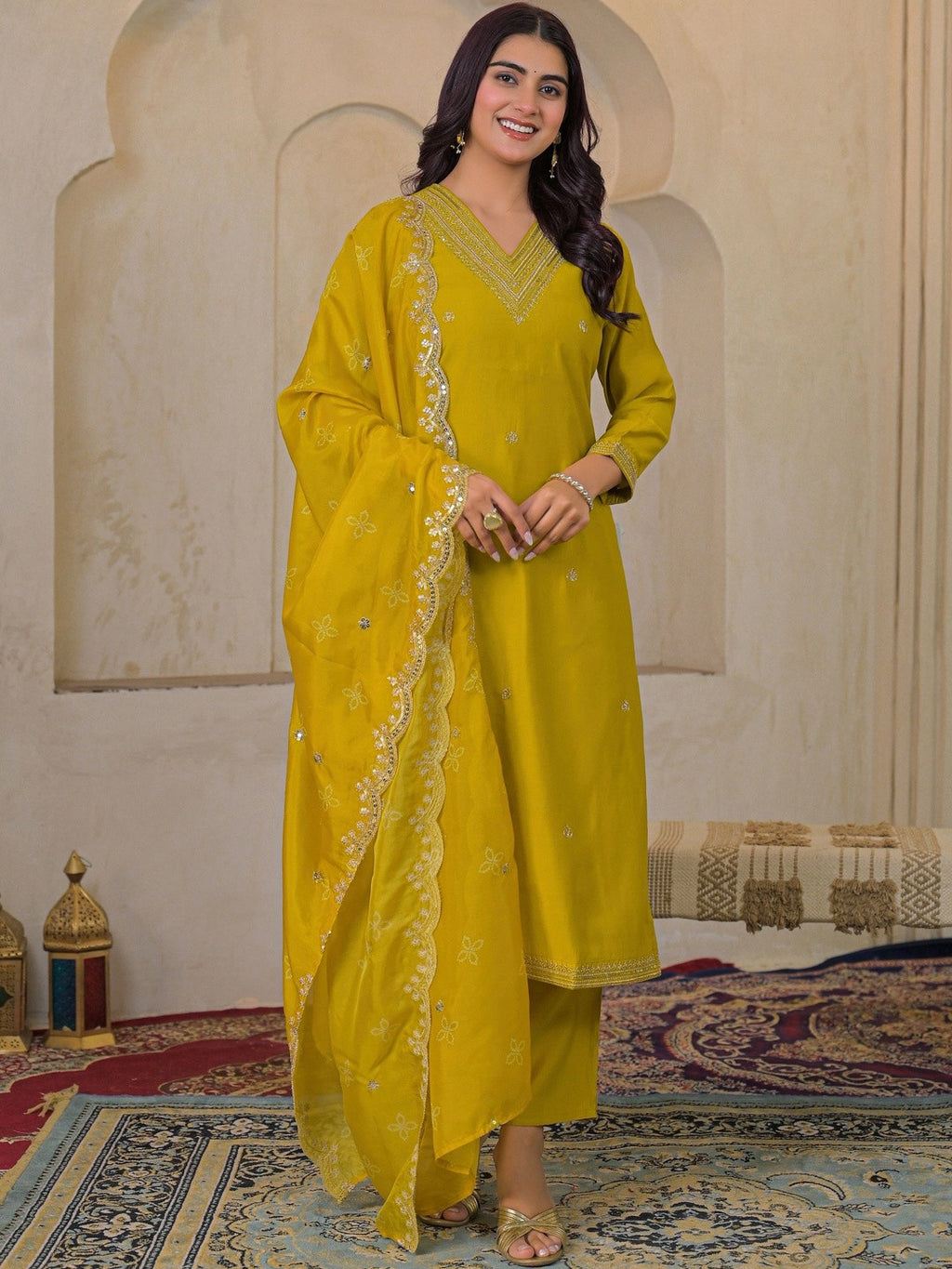 VASVI Women Ethnic Motifs Embroidered Thread Work Chanderi Silk Kurta with Trousers & With Dupatta