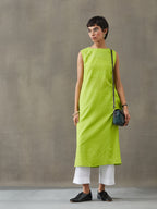VASVI Women Cotton Solid Thread Work Straight Kurta, Lime Green