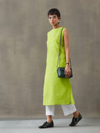 VASVI Women Cotton Solid Thread Work Straight Kurta, Lime Green