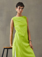 VASVI Women Cotton Solid Thread Work Straight Kurta, Lime Green