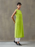 VASVI Women Cotton Solid Thread Work Straight Kurta, Lime Green