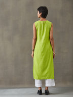 VASVI Women Cotton Solid Thread Work Straight Kurta, Lime Green