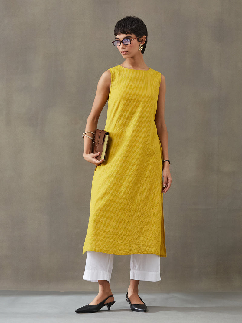 VASVI Women Cotton Solid Thread Work Straight Kurta, Mustard