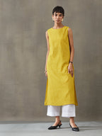 VASVI Women Cotton Solid Thread Work Straight Kurta, Mustard