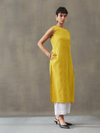 VASVI Women Cotton Solid Thread Work Straight Kurta, Mustard