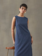 VASVI Women Cotton Solid Thread Work Straight Kurta, Navy Blue