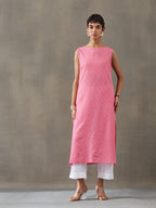 VASVI Women Cotton Solid Thread Work Straight Kurta, Pink
