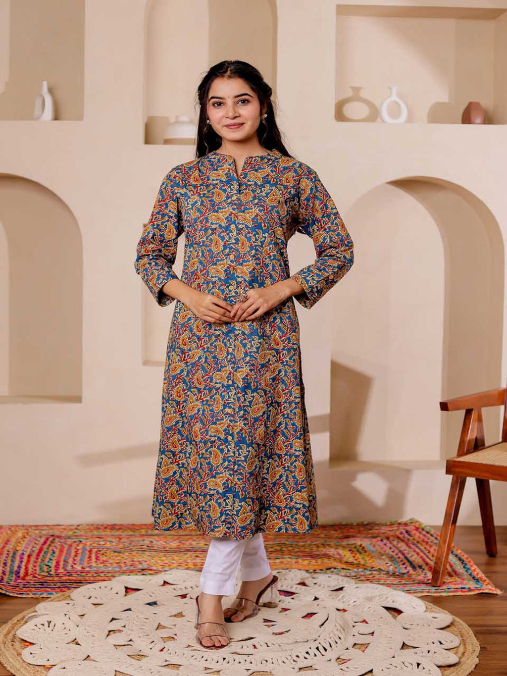 VASVI Women Cotton Kalamkari Printed Straight Kurta, Aqua Blue