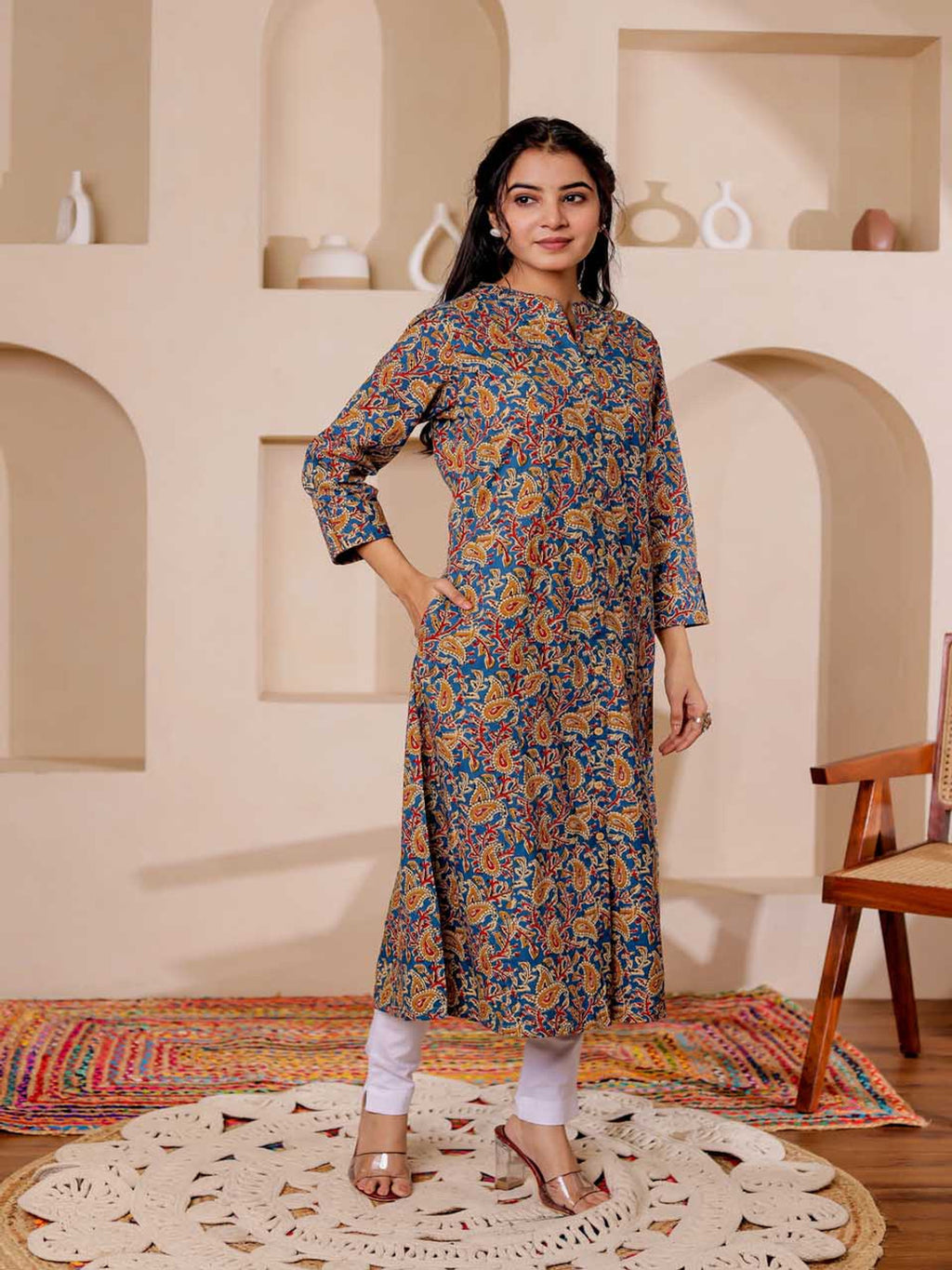VASVI Women Cotton Kalamkari Printed Straight Kurta, Aqua Blue