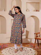 VASVI Women Cotton Kalamkari Printed Straight Kurta, Aqua Blue