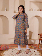 VASVI Women Cotton Kalamkari Printed Straight Kurta, Aqua Blue