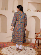 VASVI Women Cotton Kalamkari Printed Straight Kurta, Aqua Blue