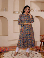VASVI Women Cotton Kalamkari Printed Straight Kurta, Aqua Blue