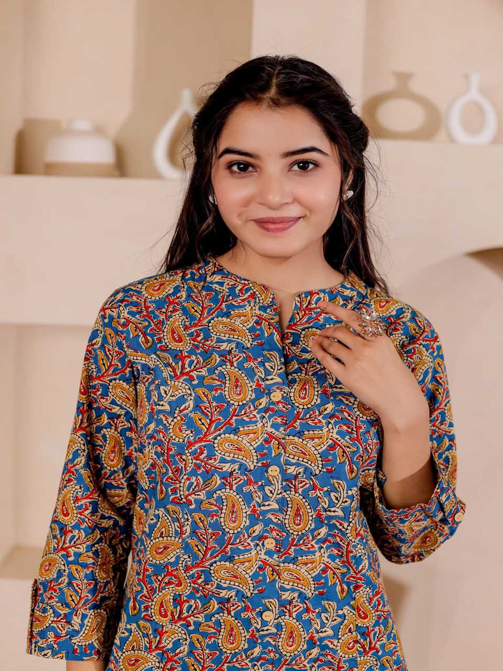 VASVI Women Cotton Kalamkari Printed Straight Kurta, Aqua Blue
