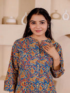 VASVI Women Cotton Kalamkari Printed Straight Kurta, Aqua Blue