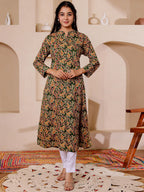 VASVI Women Cotton Kalamkari Printed Straight Kurta, Green