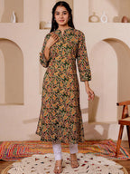 VASVI Women Cotton Kalamkari Printed Straight Kurta, Green
