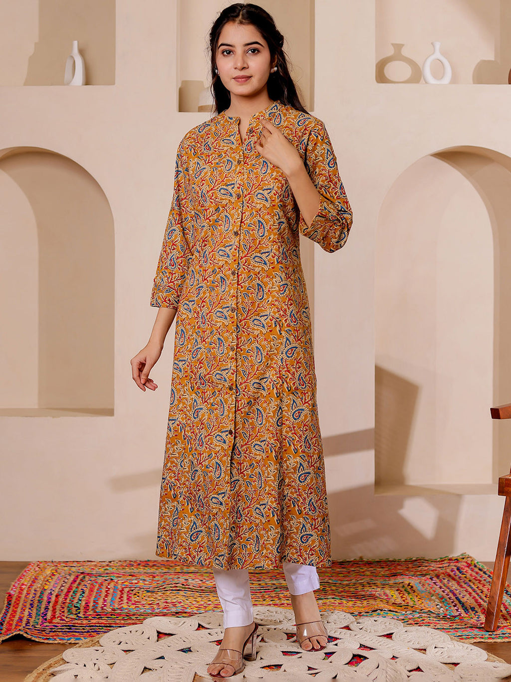 VASVI Women Cotton Kalamkari Printed Straight Kurta, Mustard